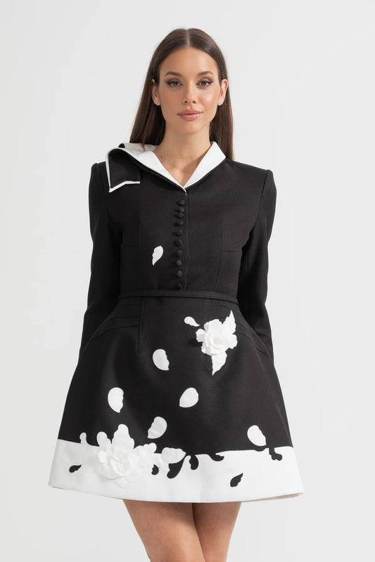 Meira Black 3D Floral Embeliished Constrasting White Collar Dress