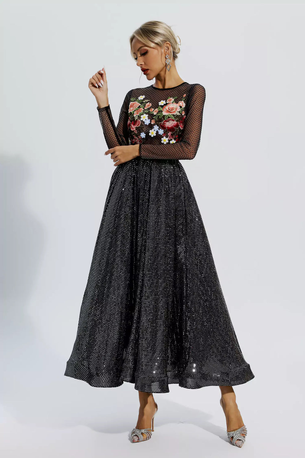 Anatoria Black Floral Embroidery Maxi Dress