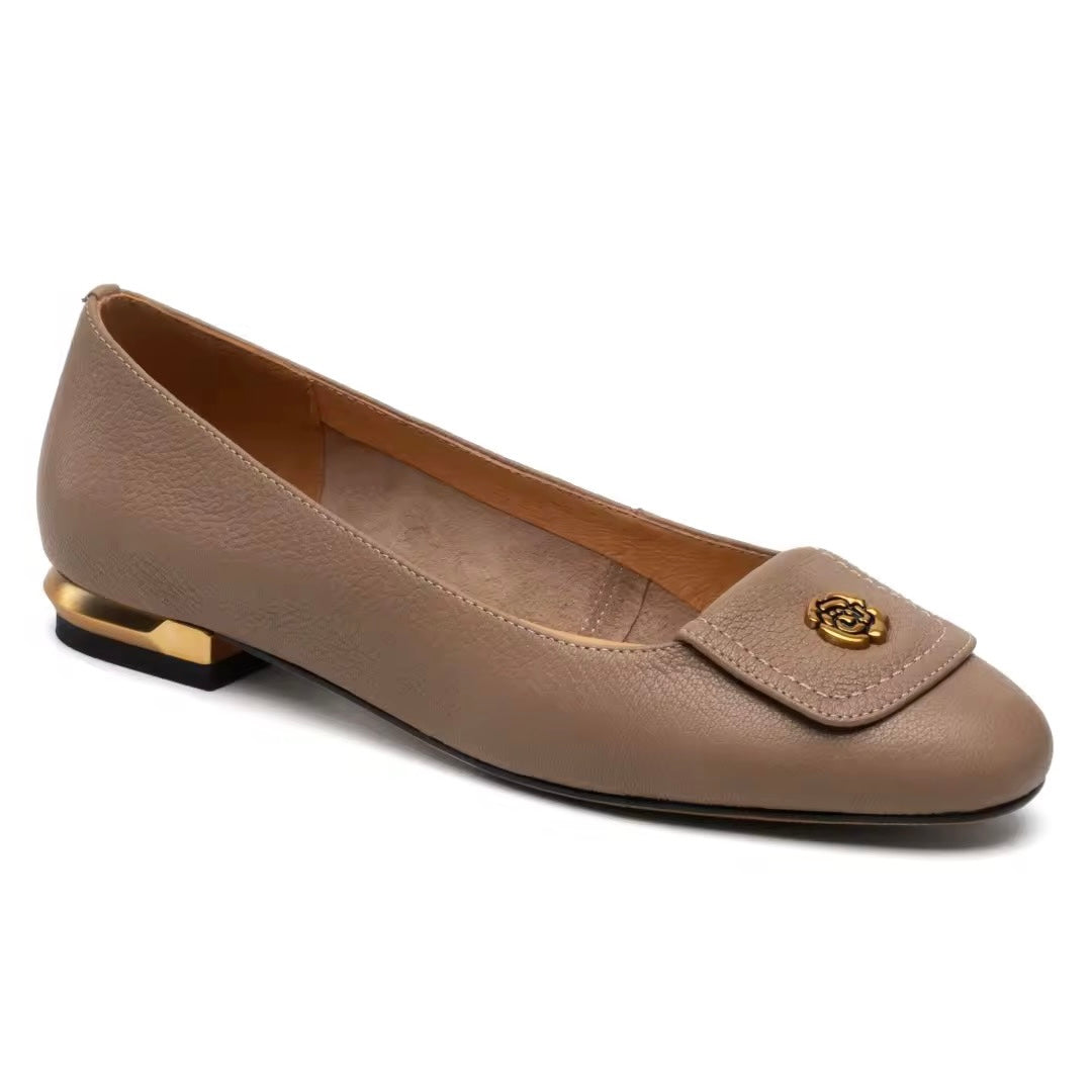Leilani Taupe Leather Flower Buckle Flats
