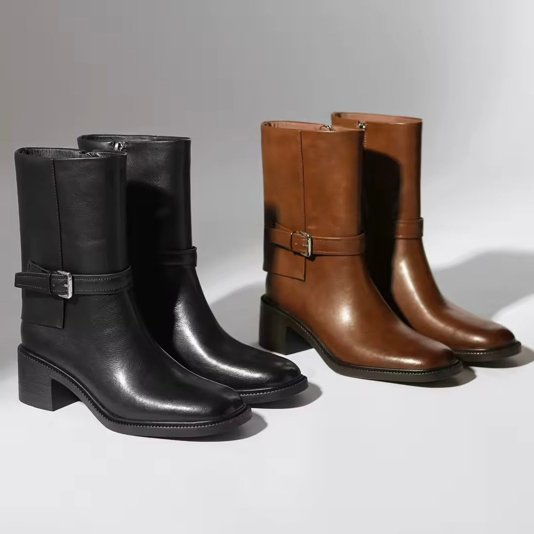 Mattea Mid-Calf Black Block Heel Boots