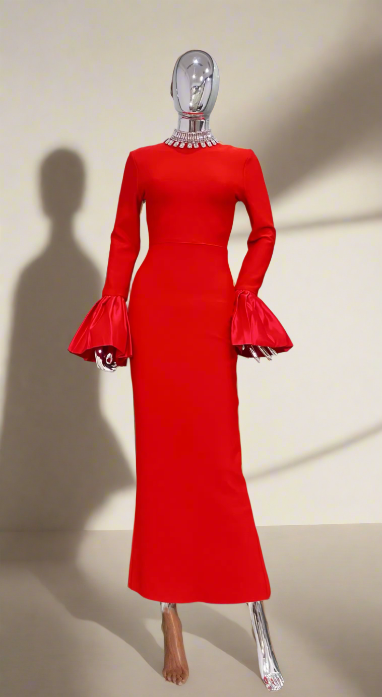 Adaliya Red Rhinestone Bandage Dress