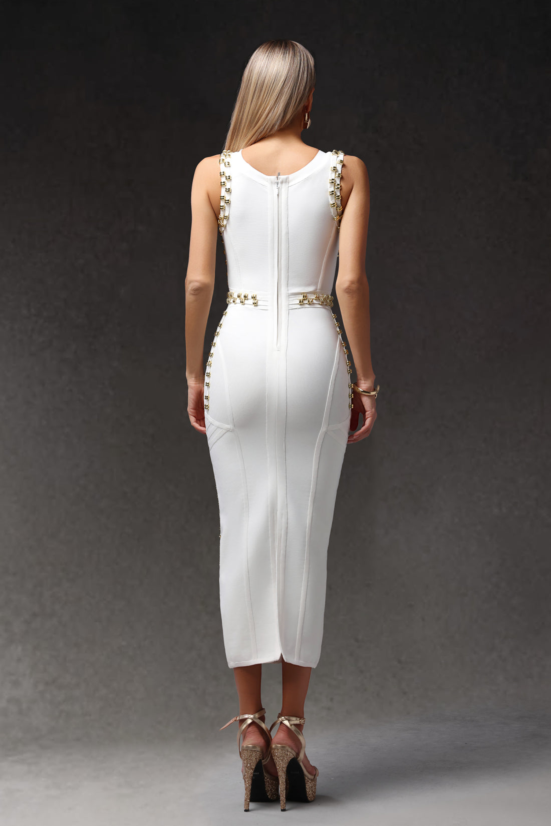 Jeni White Rivet Bandage Midi Dress