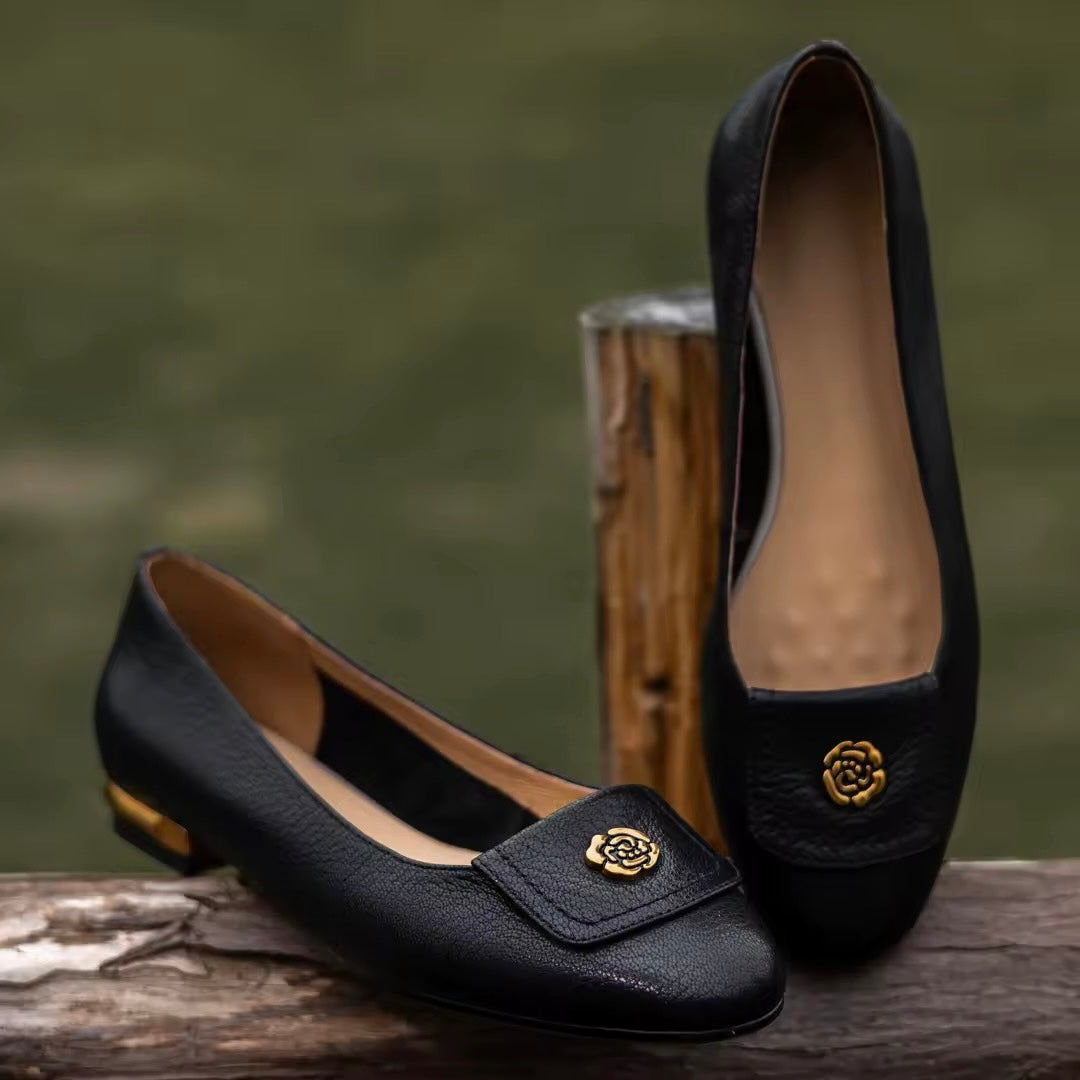 Leilani Black Leather Flower Buckle Flats