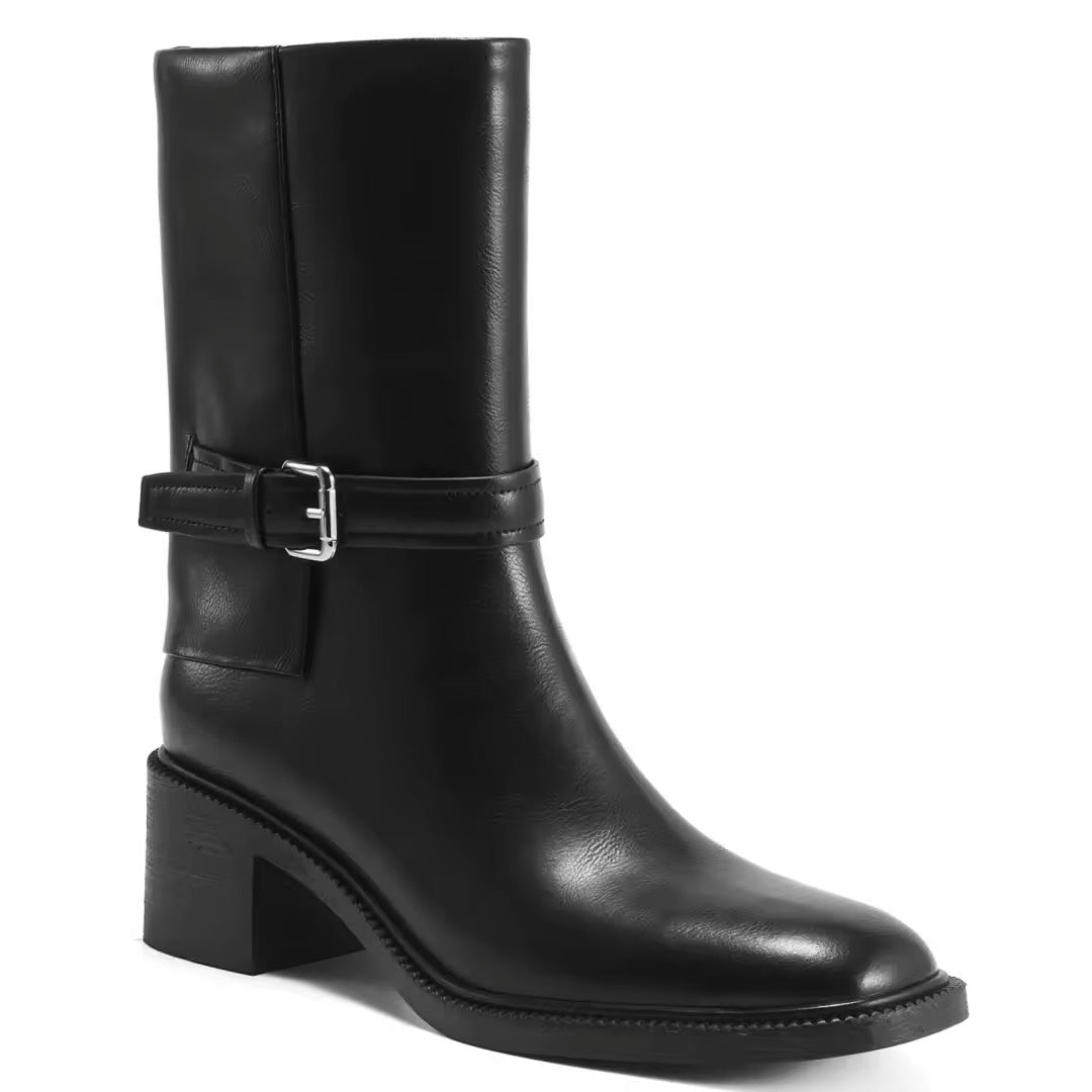 Mattea Mid-Calf Black Block Heel Boots