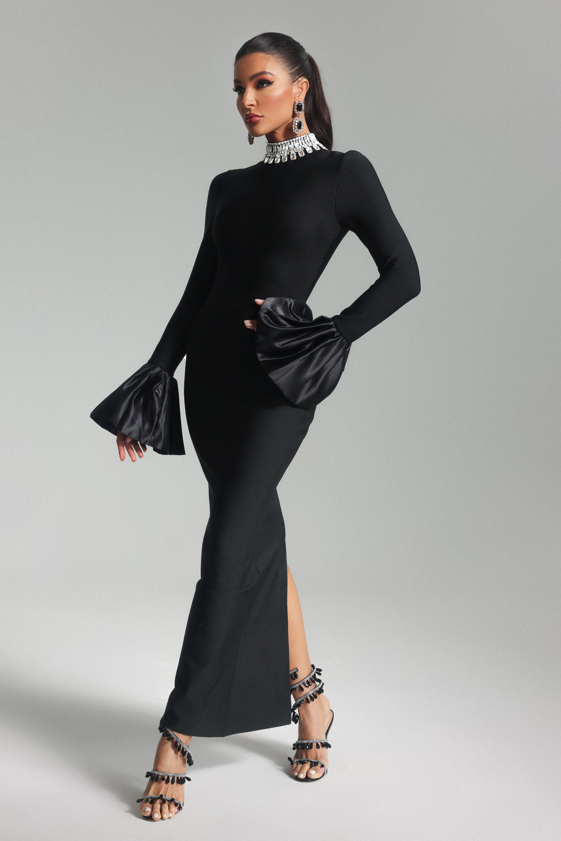 Adaliya Black Rhinestone Bandage Dress