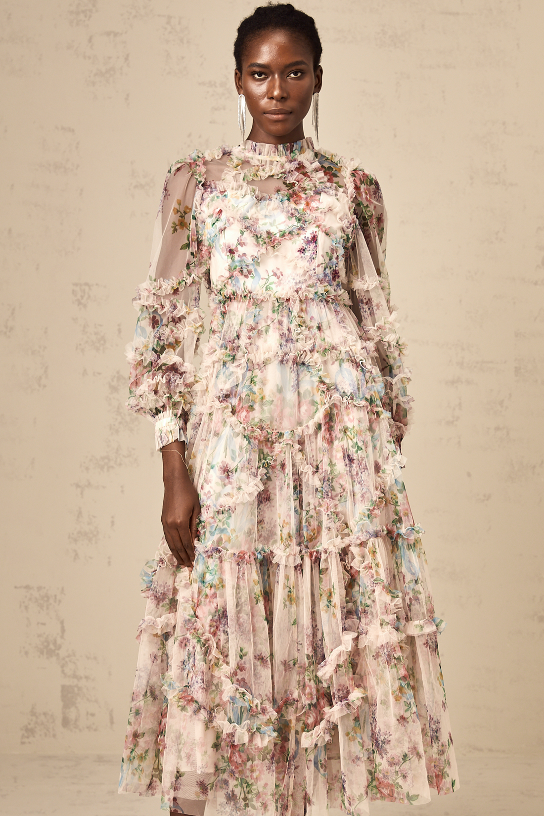 Alesha Floral Ruffled Tulle Midi Dress