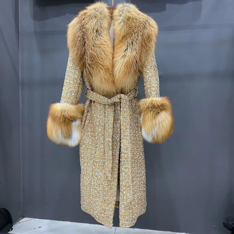 Joanna Gold Multi-color Plaid Wool & Fur Coat