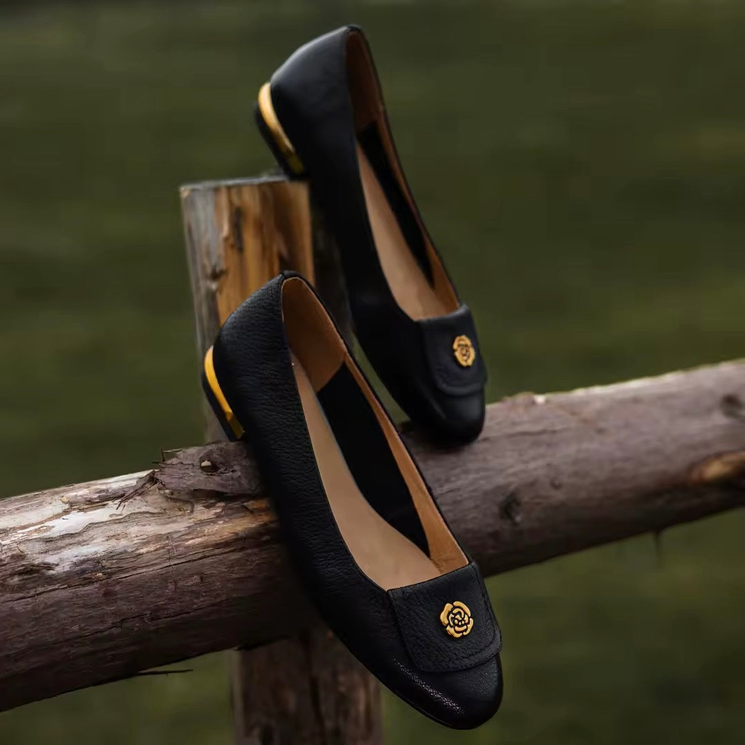 Leilani Black Leather Flower Buckle Flats