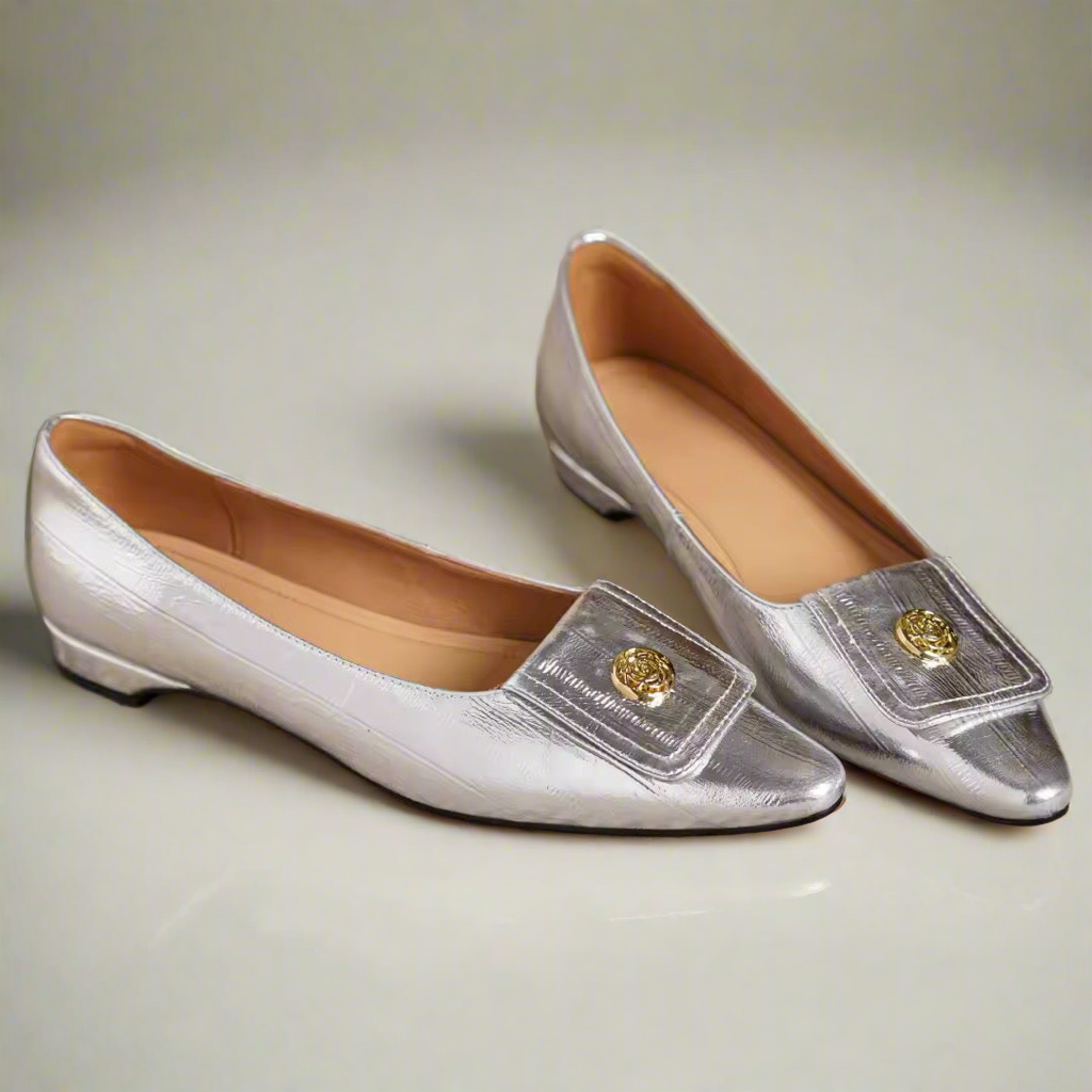 Ariella Silver Metal Buckle Slip-on Flats