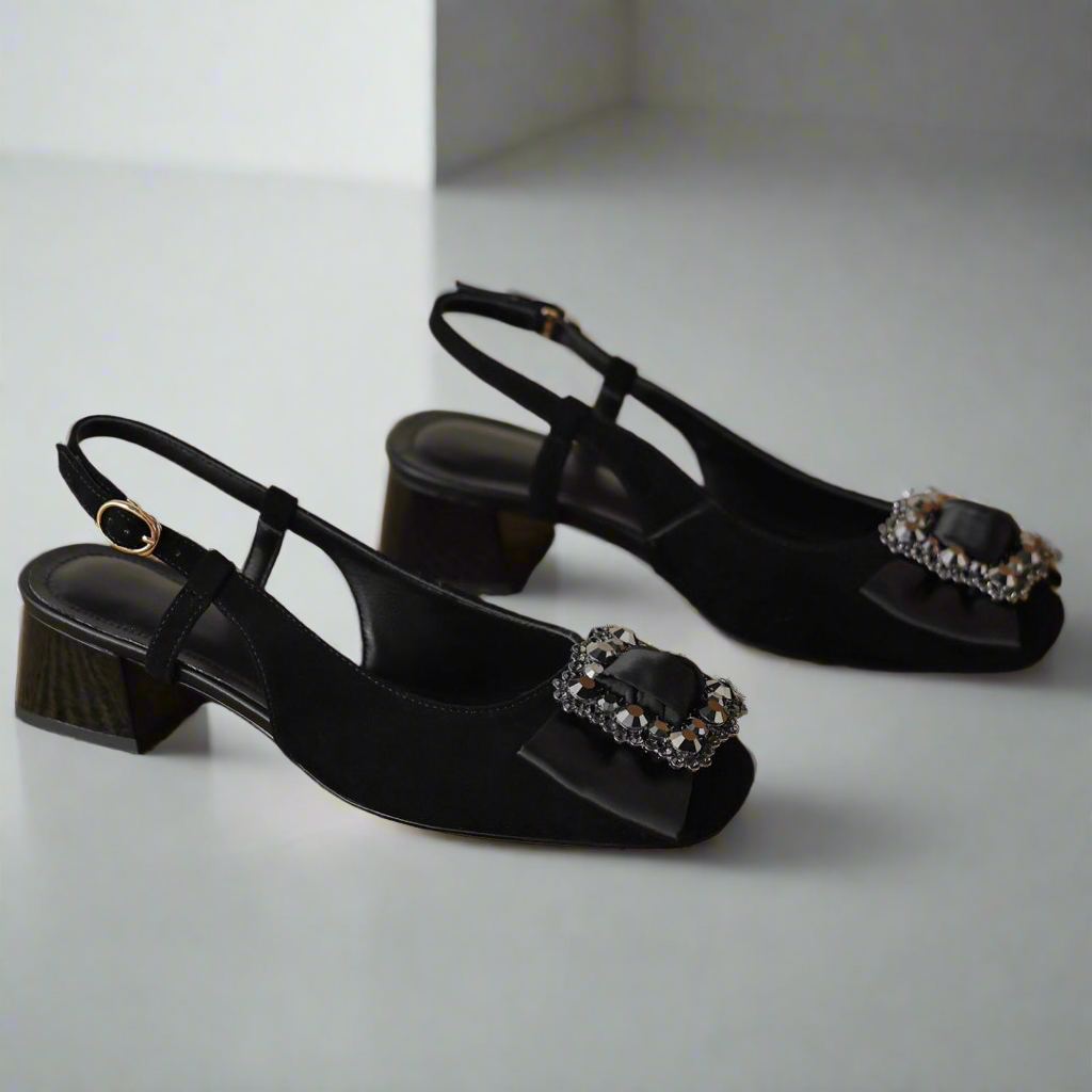 Erica Black Bow Natural Flock Slingback Sandals