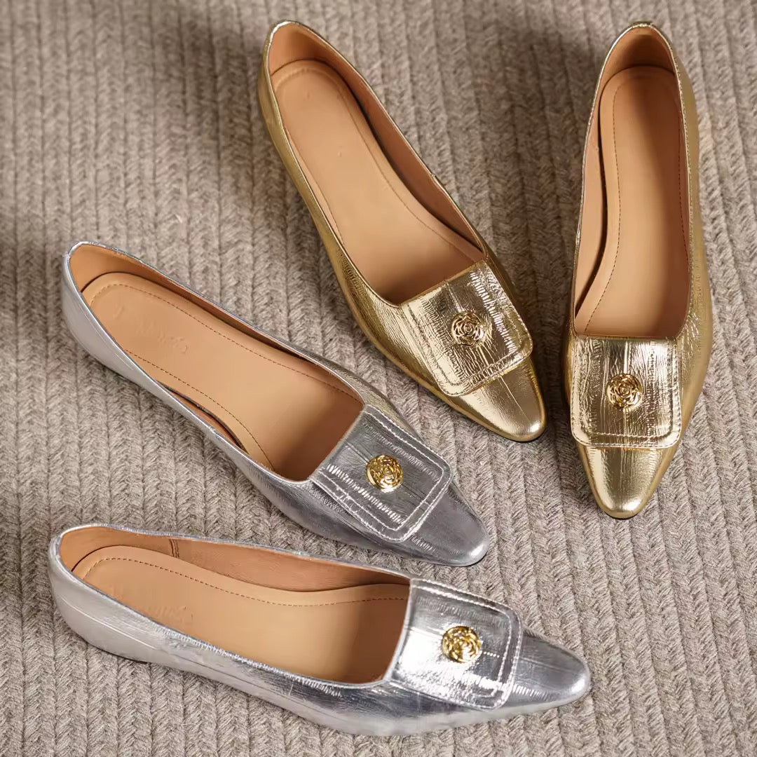 Ariella Silver Metal Buckle Slip-on Flats
