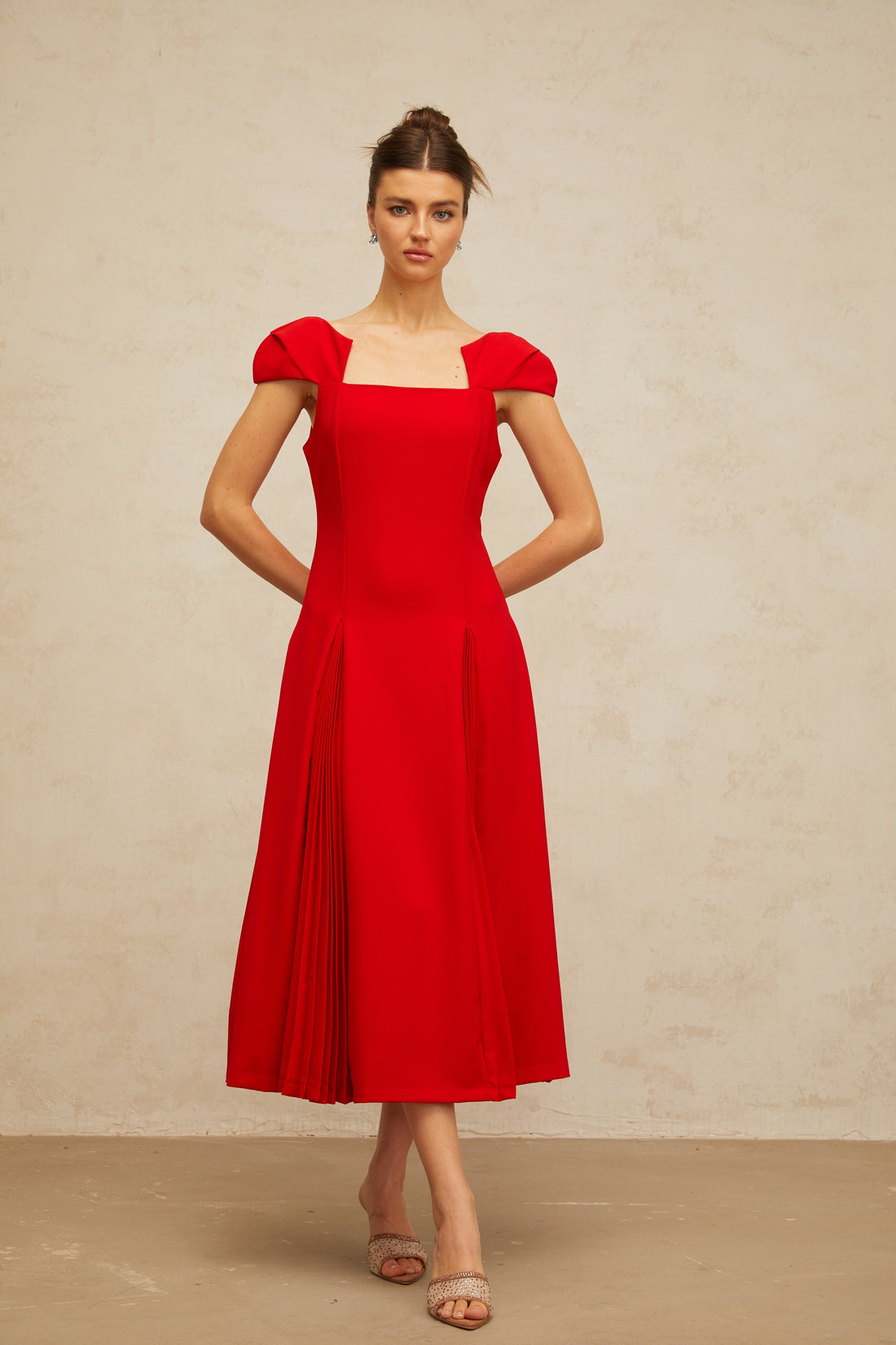 Yakira Red Pleated Midi Dress