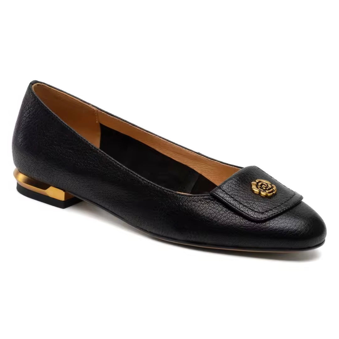 Leilani Black Leather Flower Buckle Flats