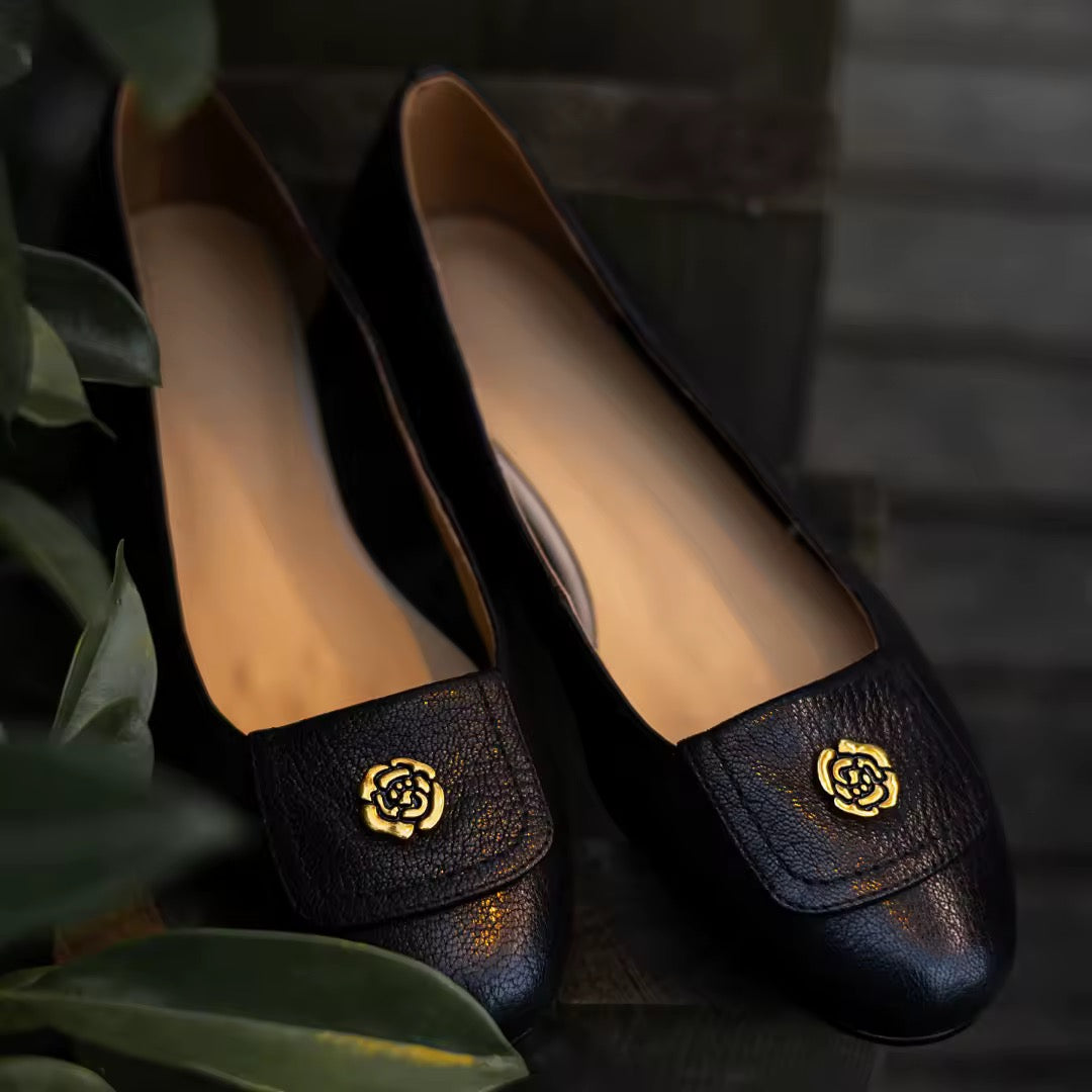 Leilani Black Leather Flower Buckle Flats