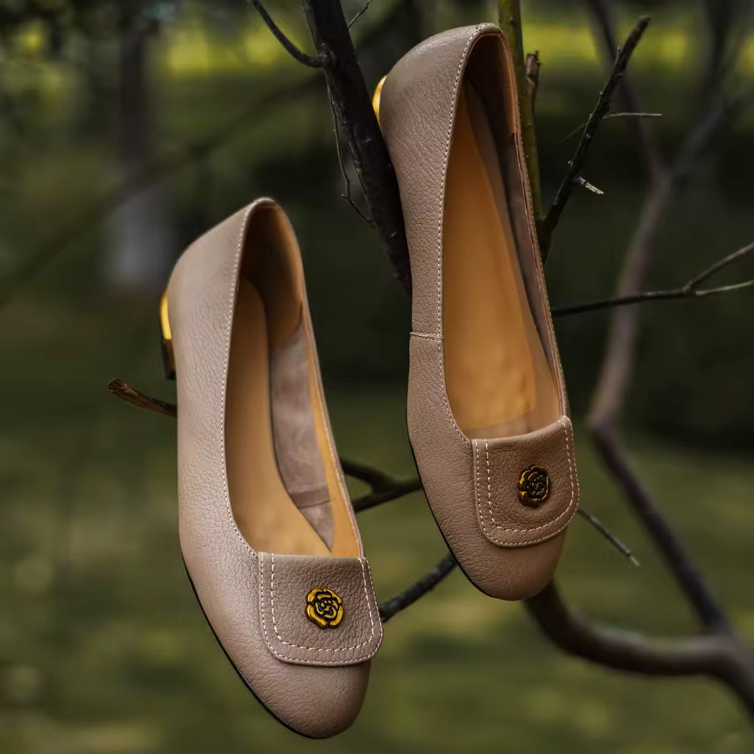 Leilani Taupe Leather Flower Buckle Flats
