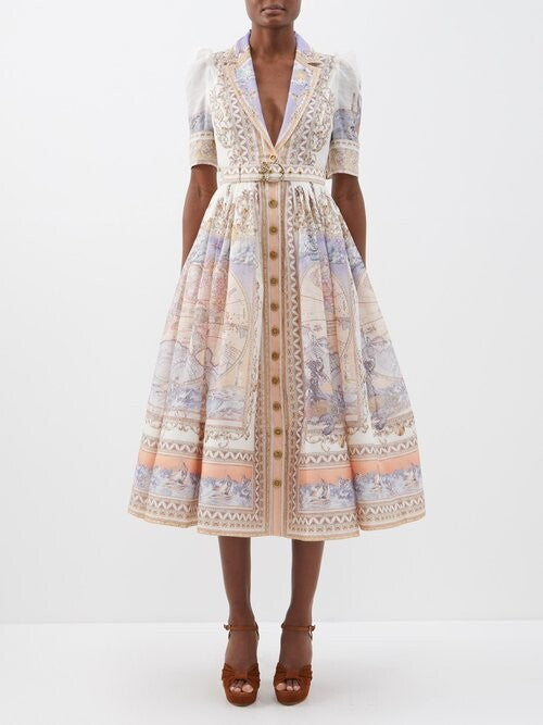 Queen Sheila Printed Linen-blend Midi Dress