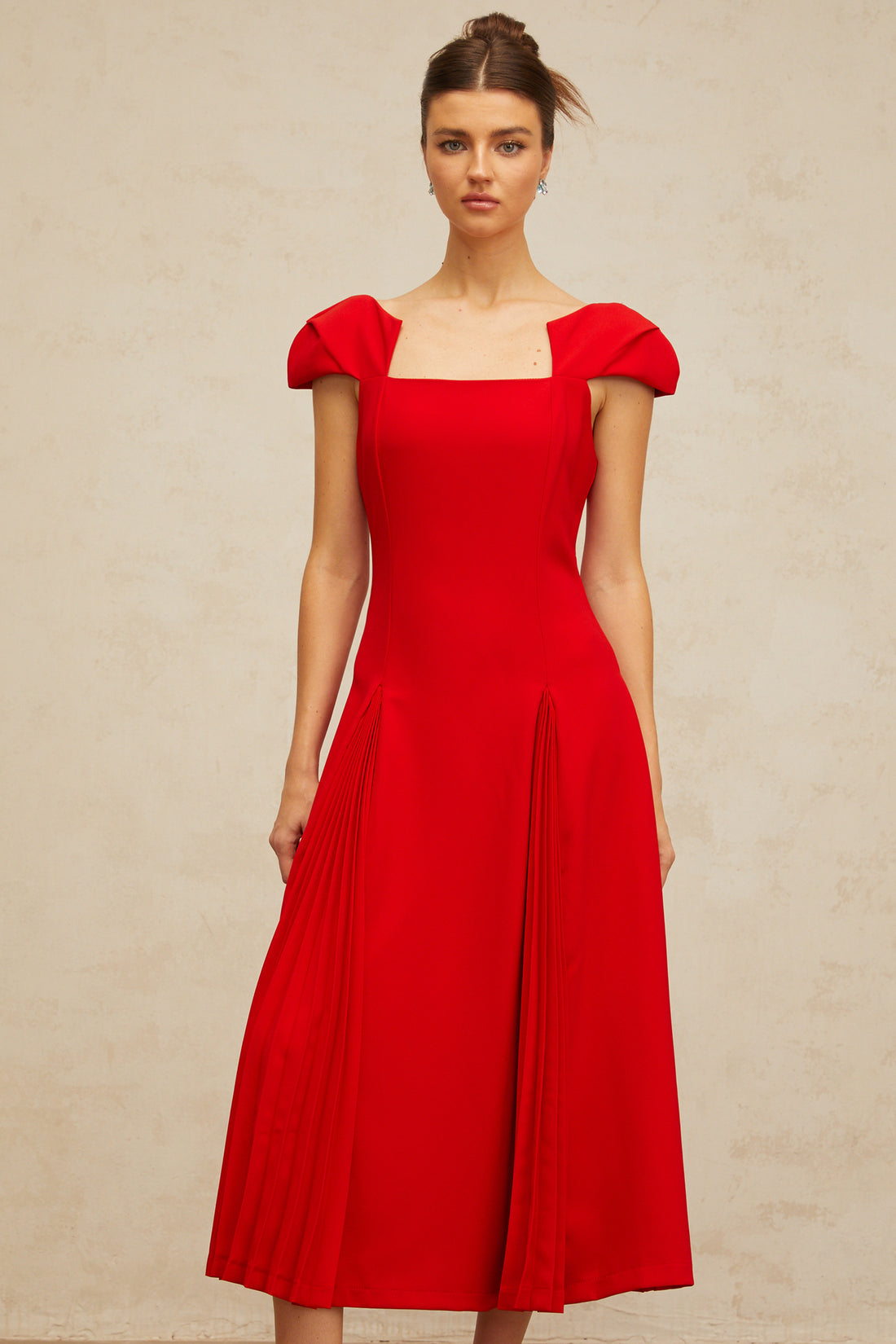 Yakira Red Pleated Midi Dress