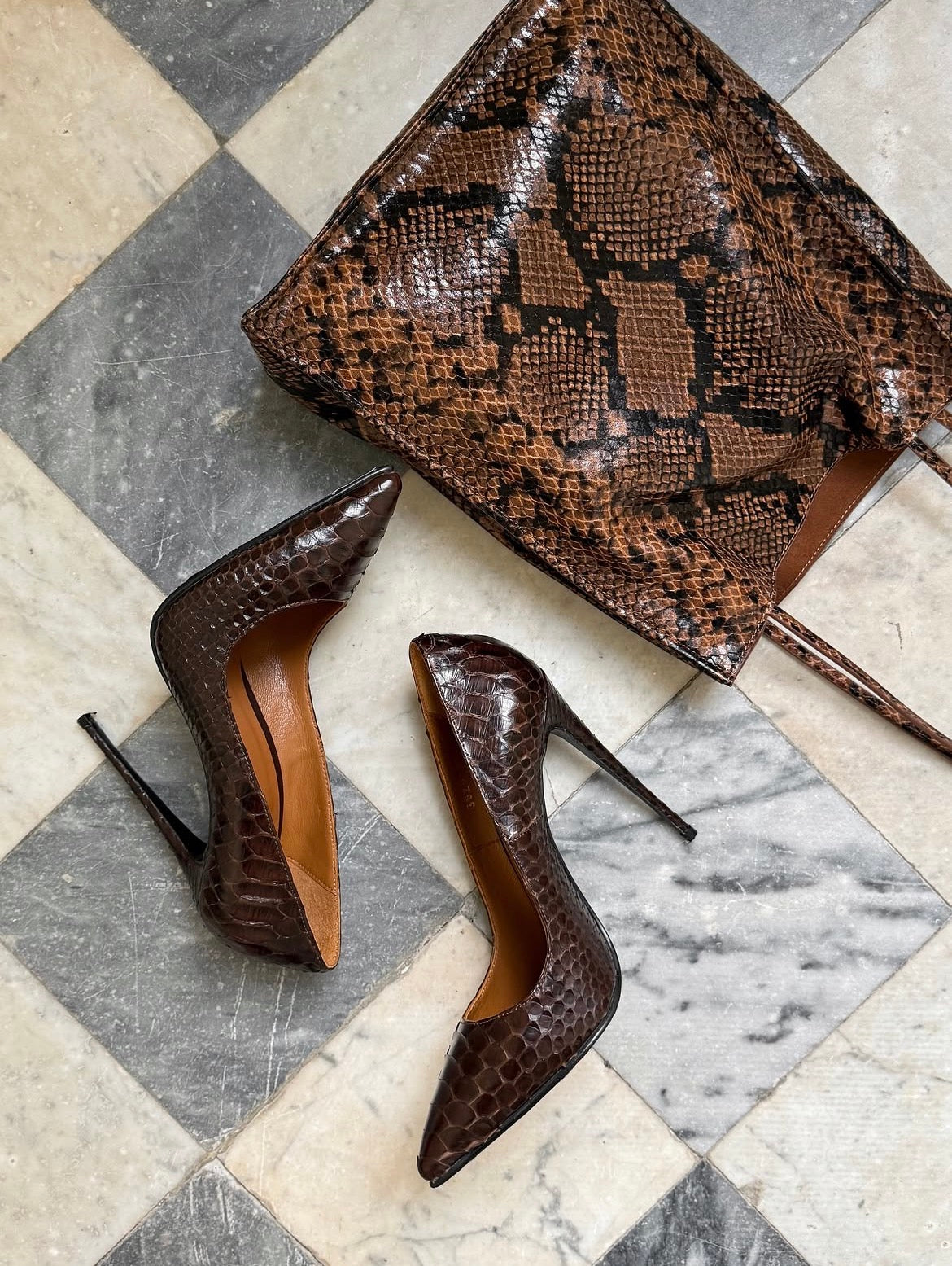 Arielle Brown Python-Embossed Pointed-Too Stiletto Heels