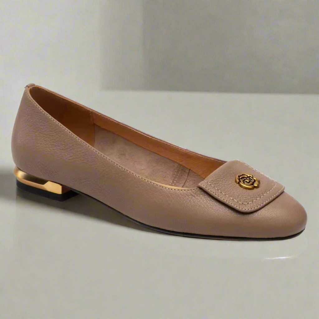 Leilani Taupe Leather Flower Buckle Flats