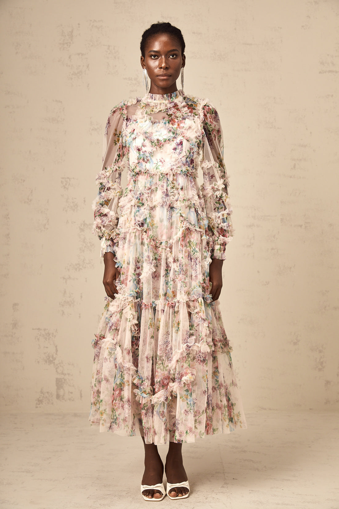 Alesha Floral Ruffled Tulle Midi Dress