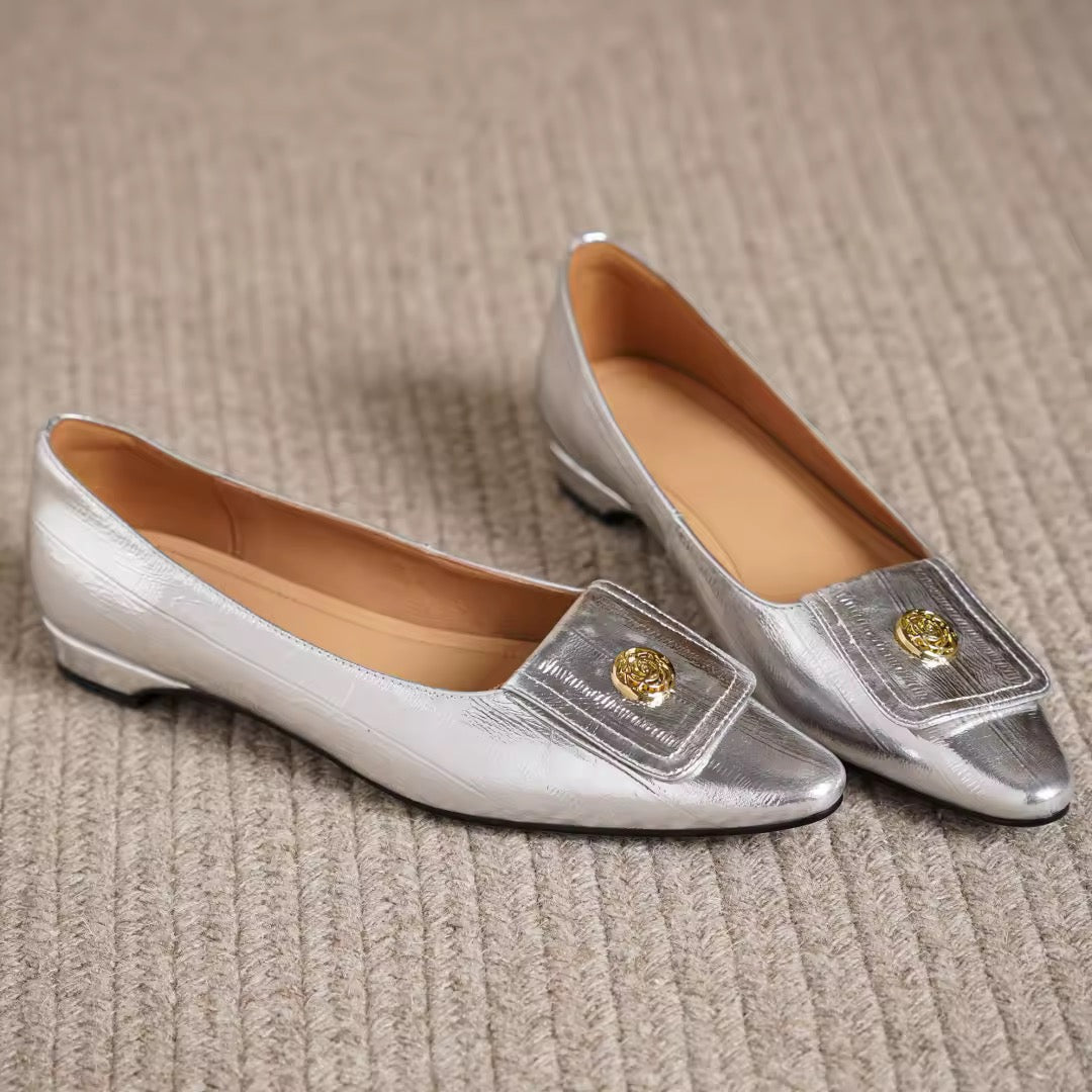 Ariella Silver Metal Buckle Slip-on Flats