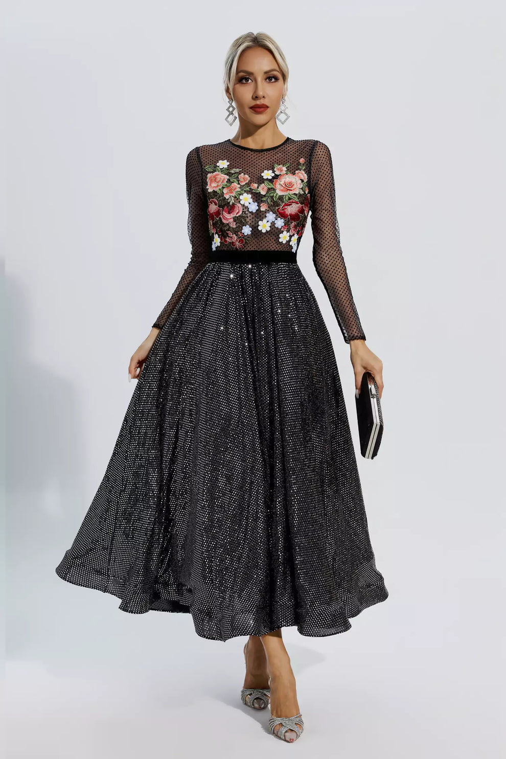 Anatoria Black Floral Embroidery Maxi Dress