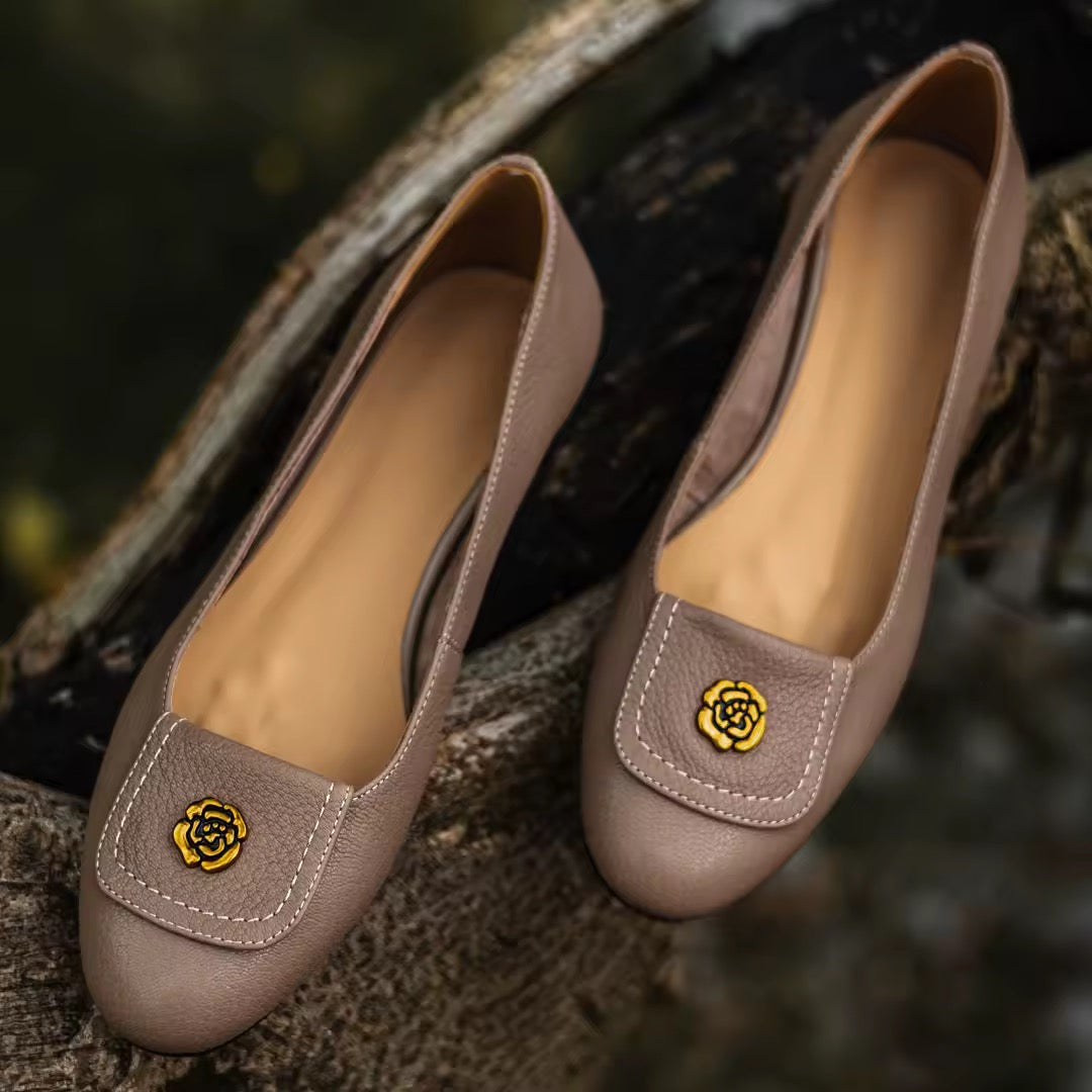 Leilani Taupe Leather Flower Buckle Flats