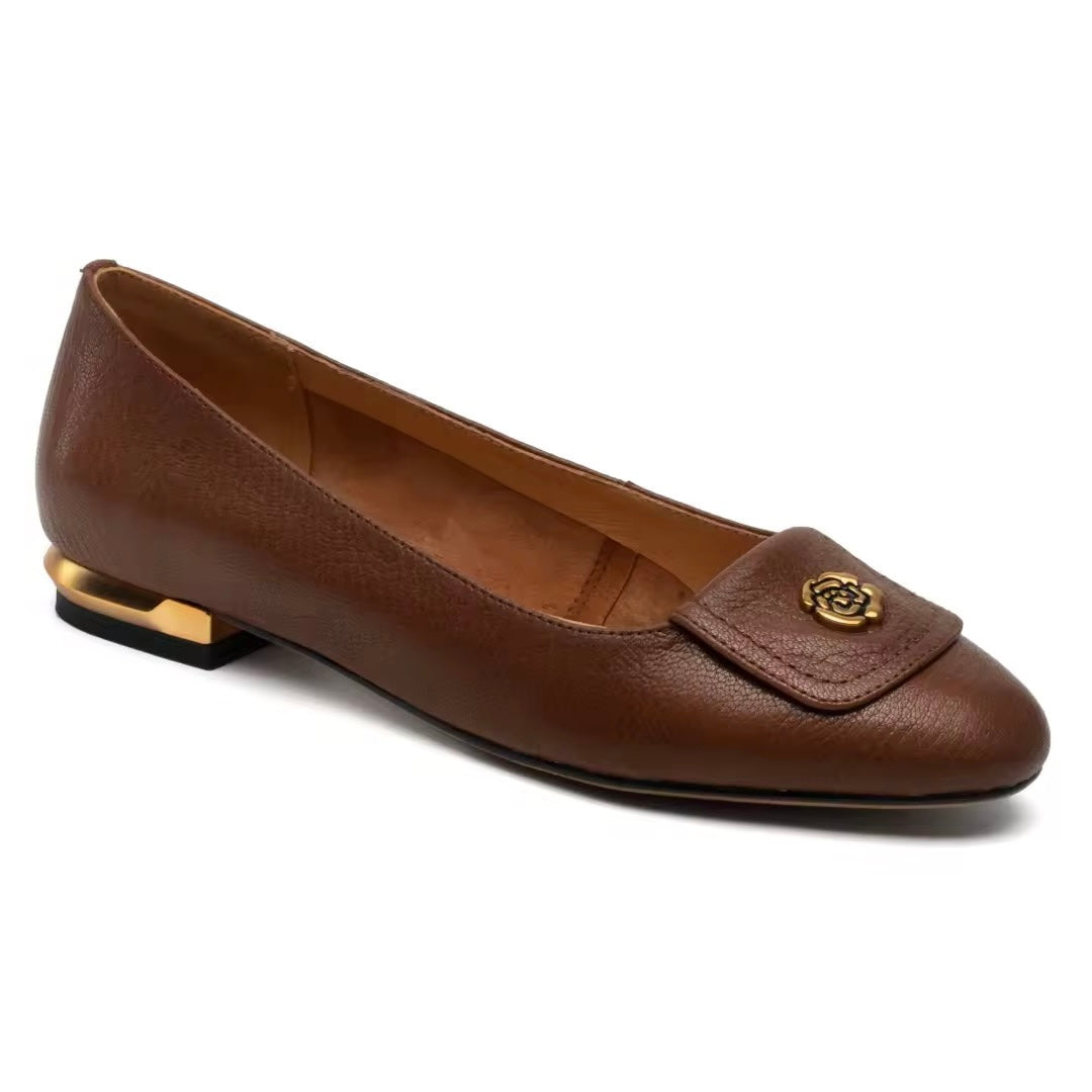 Leilani Brown Leather Flower Buckle Flats
