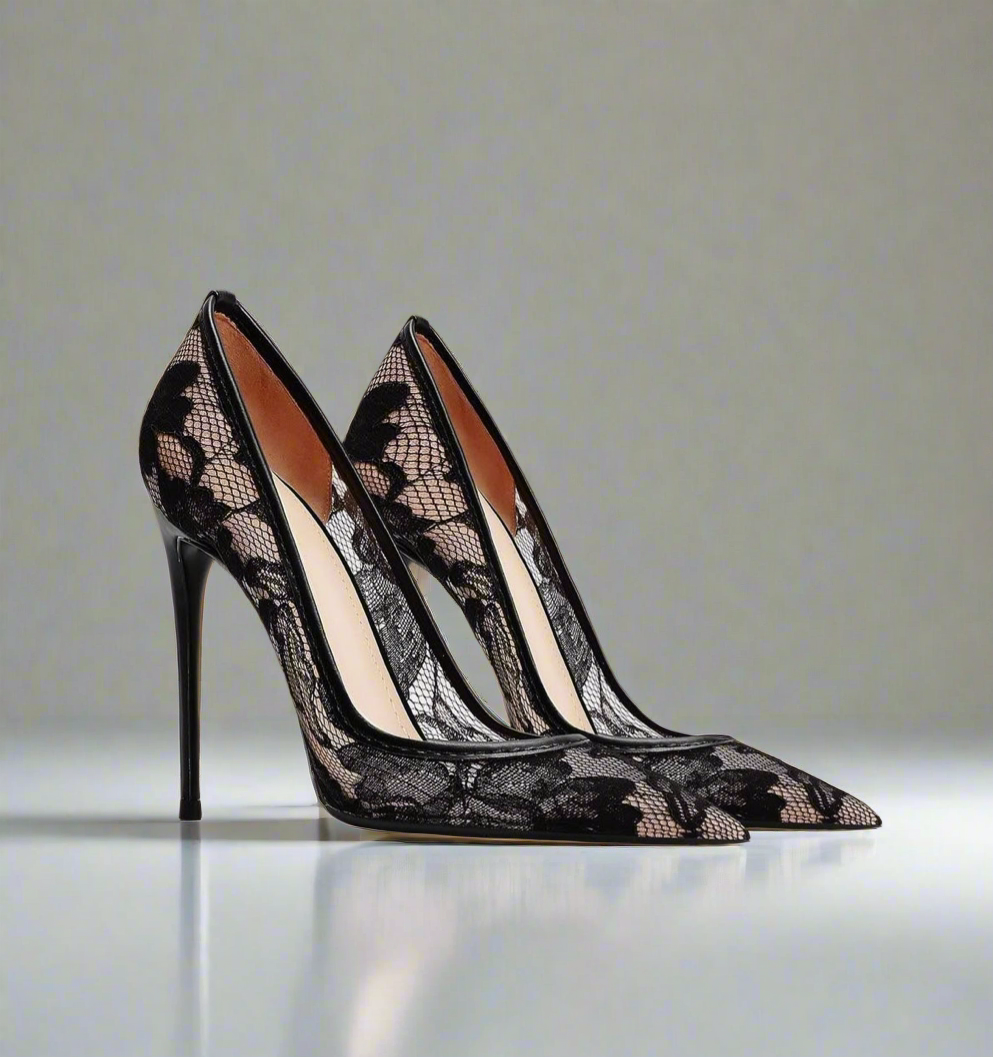 Queen Sheila Alisson Black Pointed Toe Lace Heels