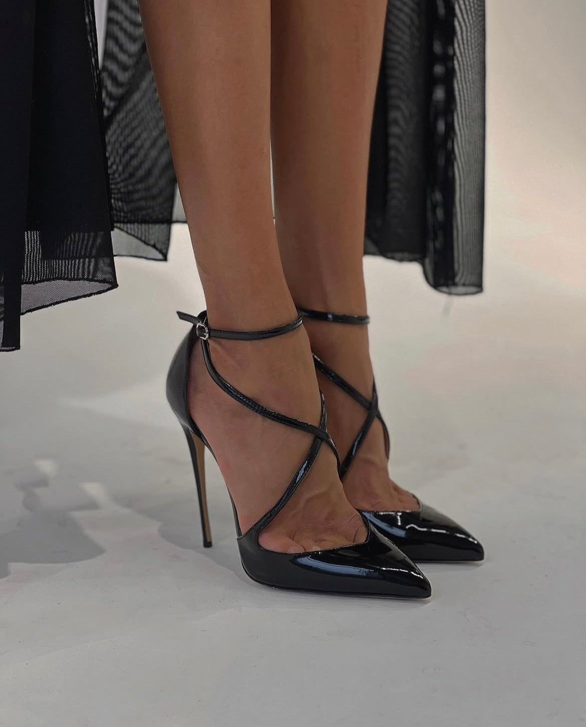 Isabelle Black Patent Cross Strap Heels