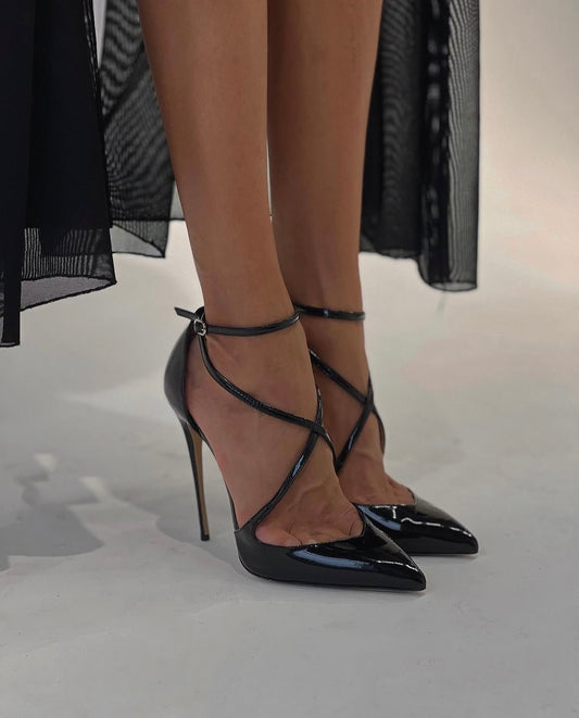 Isabelle Black Patent Cross Strap Heels