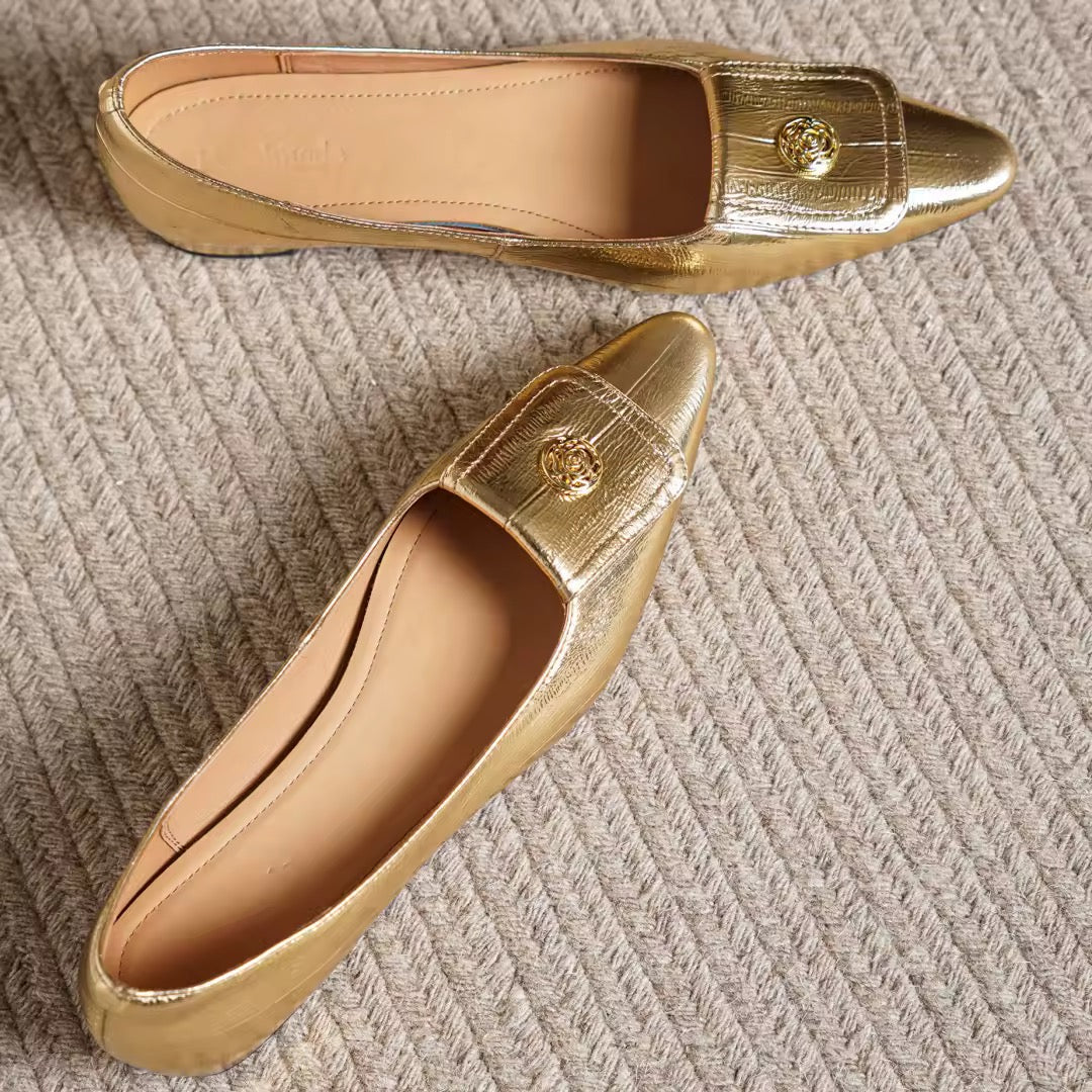 Ariella Gold Metal Buckle Slip-on Flats