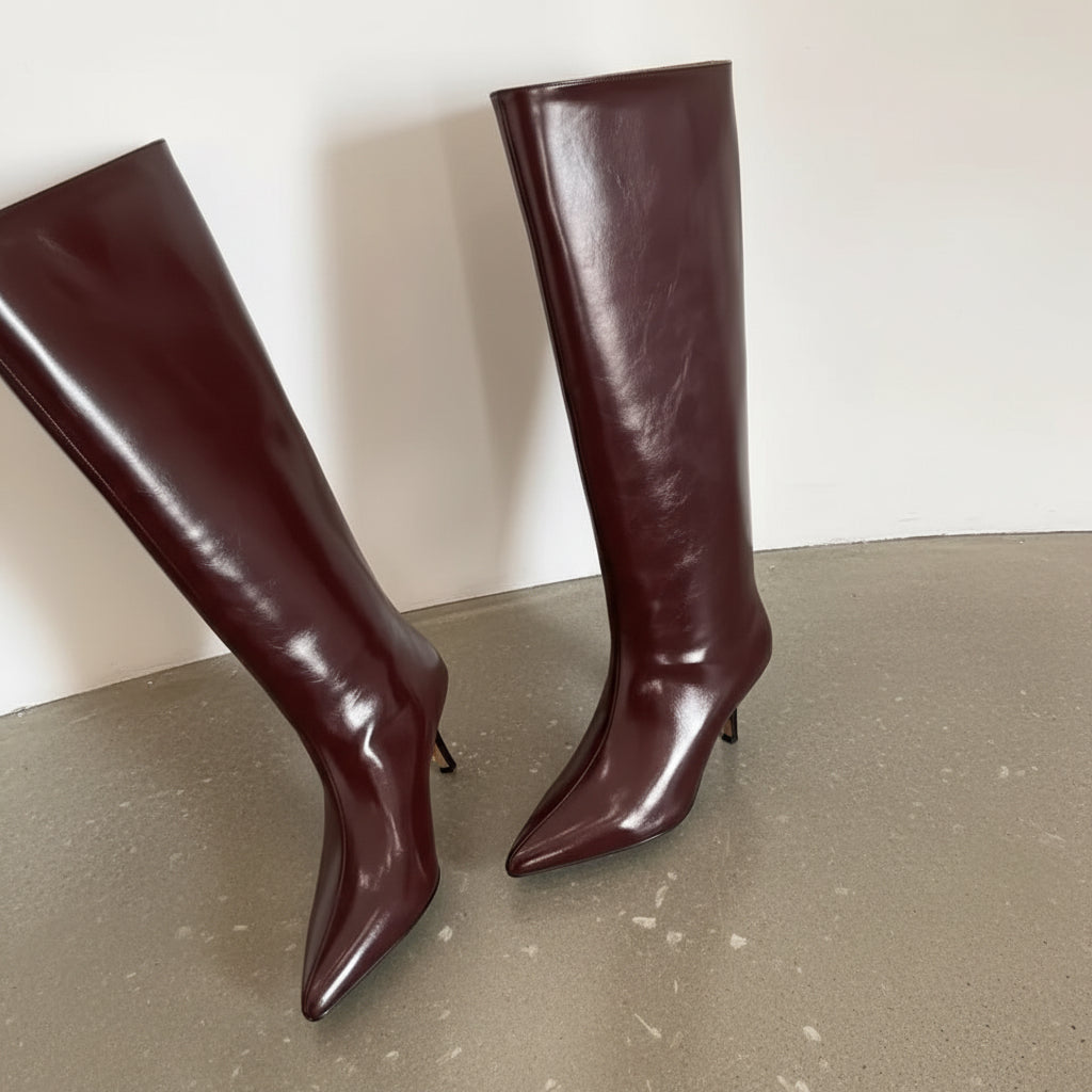 Zipporah Red-Wine Knee High Kitten Heel Leather Boots