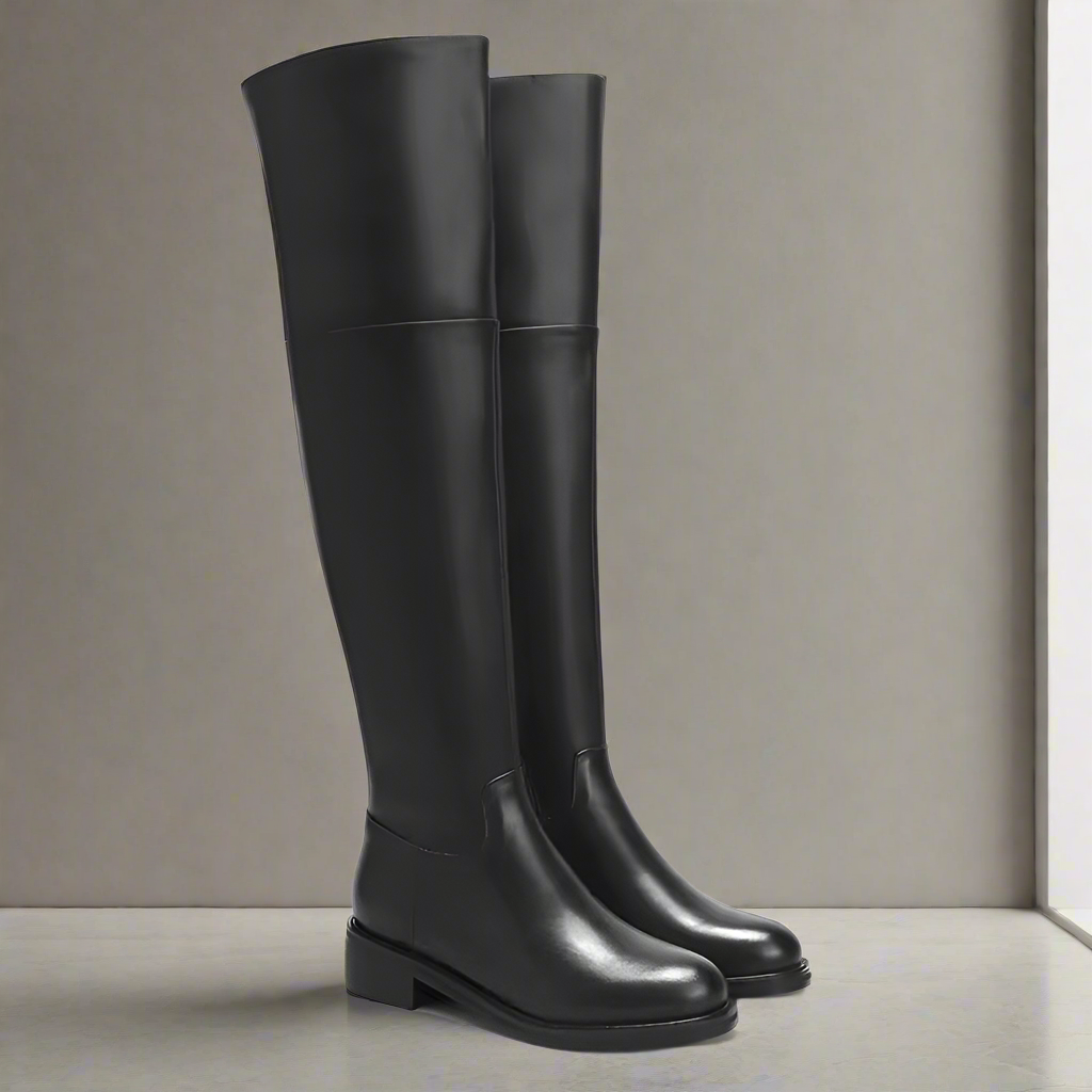 Renee Black Flat Thigh High Boots