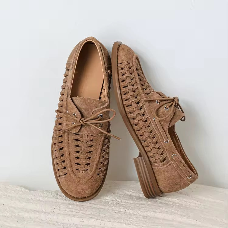 Ruth Tan Woven Suede Lace-up Loafers
