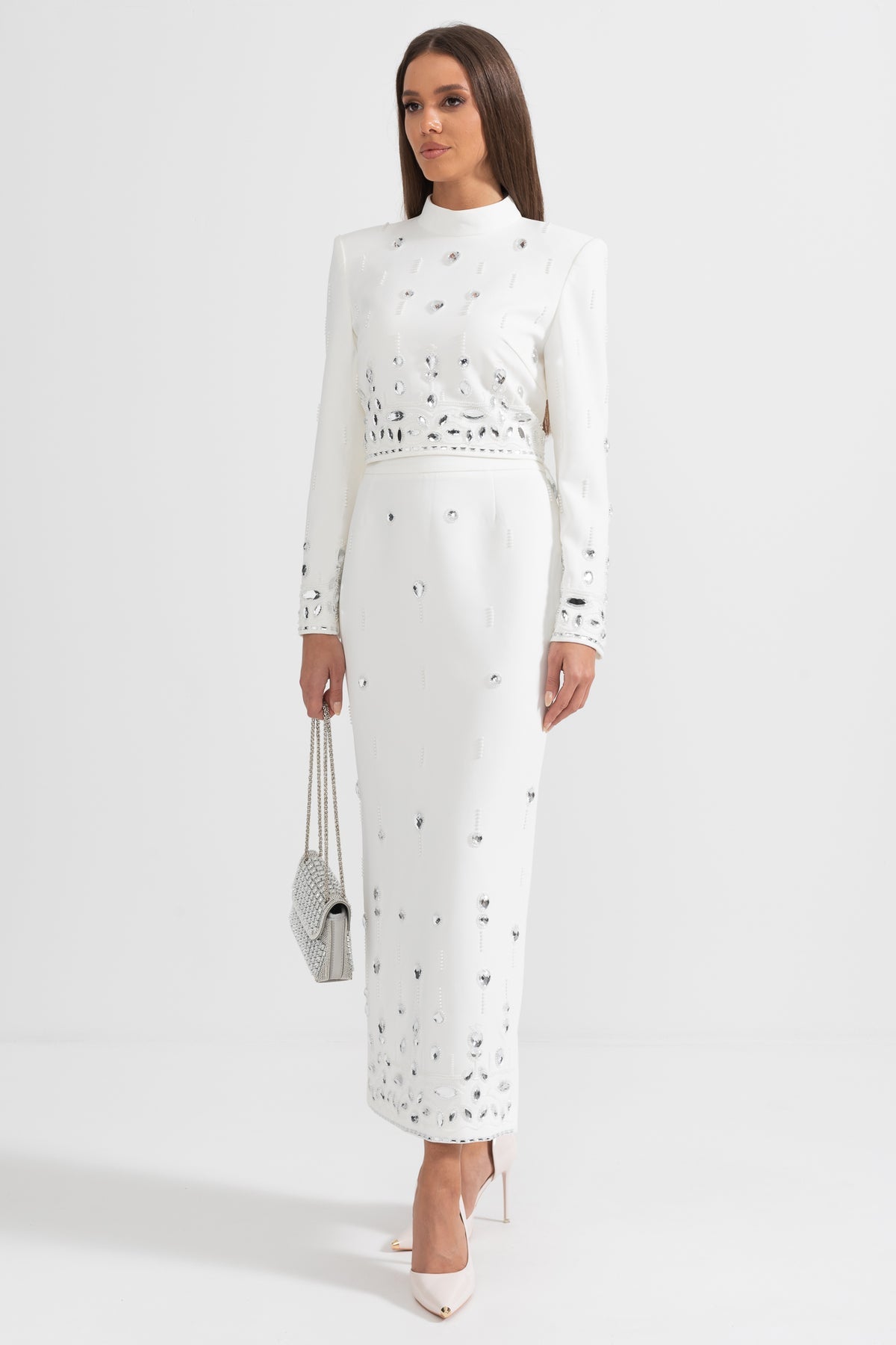 Carmen White Diamond Embellished Two Piece Dress