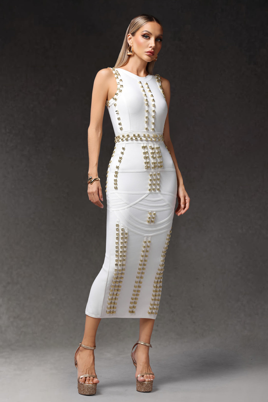 Jeni White Rivet Bandage Midi Dress