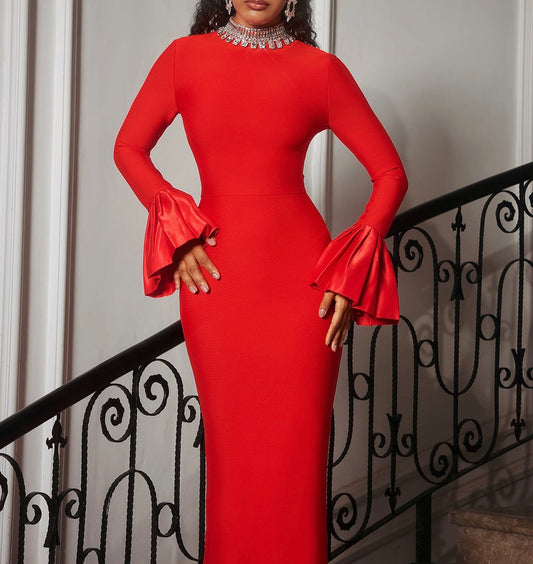Adaliya Red Rhinestone Bandage Dress
