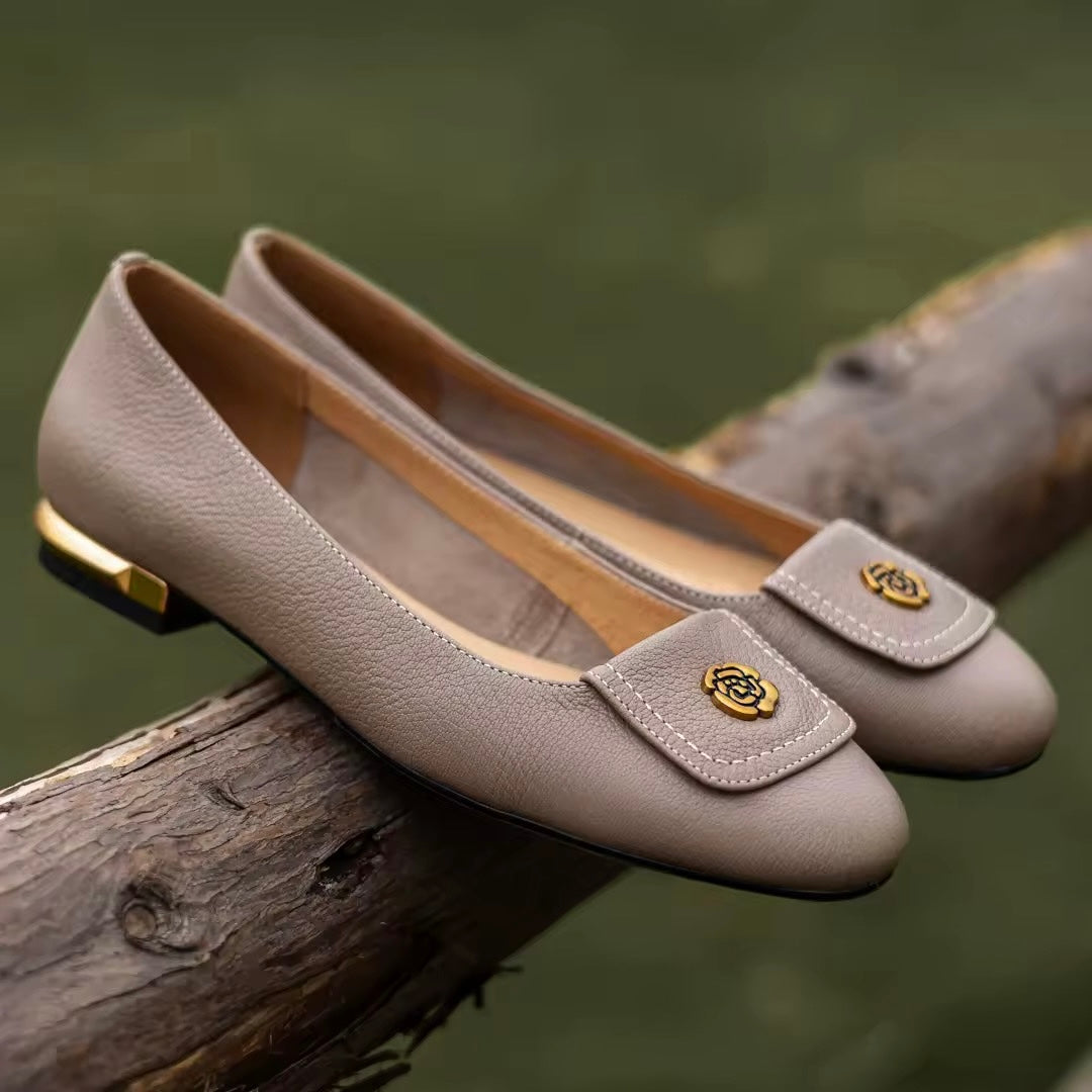Leilani Taupe Leather Flower Buckle Flats