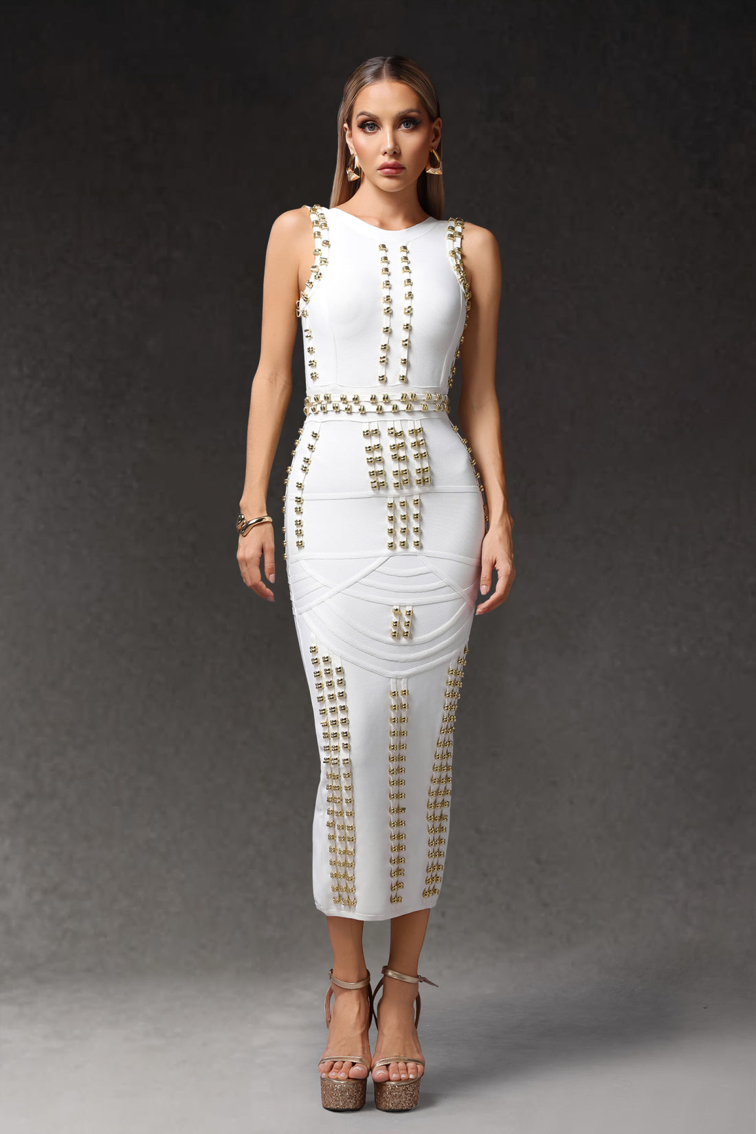 Jeni White Rivet Bandage Midi Dress