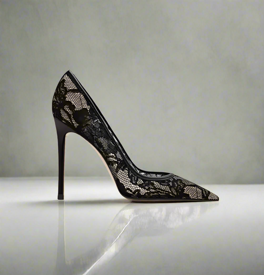 Queen Sheila Alisson Black Pointed Toe Lace Heels