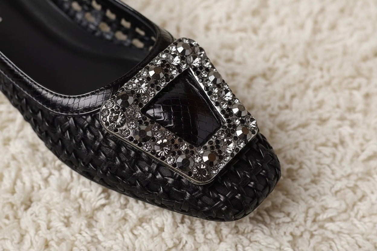 Mikela Black Rhinestone Buckle Ballet Flats