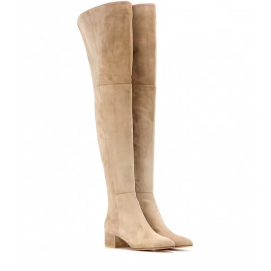 Holly Over Knee Nude Leather Flock Boots