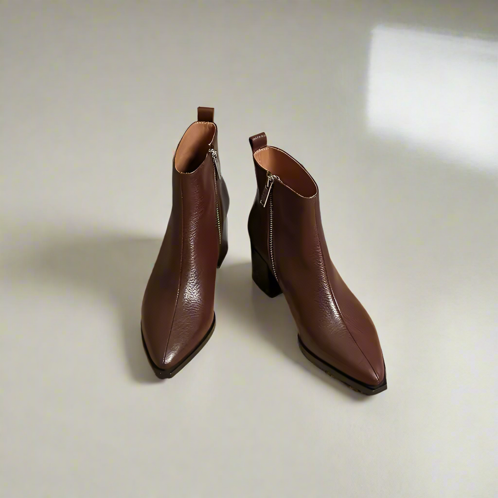 Elizabeth Brown Side-Zip Chunky Ankle Boots