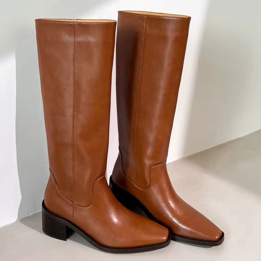 Alice Brown Knee High Mid-Heels Leather Boots