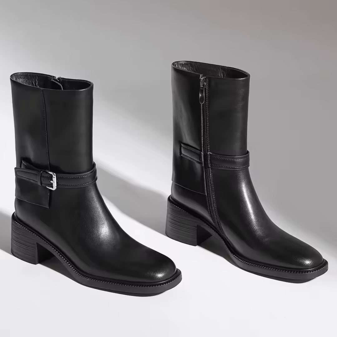 Mattea Mid-Calf Black Block Heel Boots