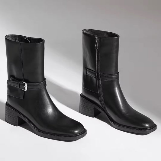 Mattea Mid-Calf Black Block Heel Boots