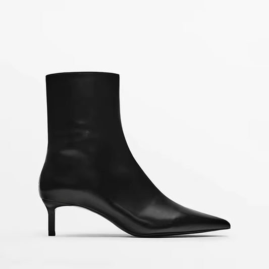 Beth Pointed Leather Kitten Heel Boots