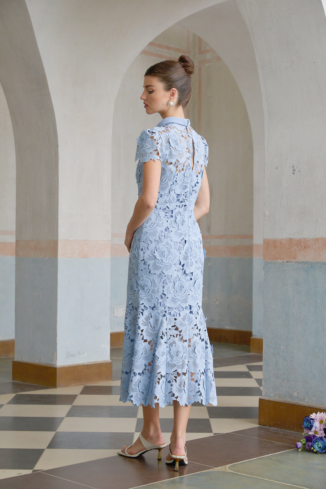 Ailani Blue Floral Applique Lace Midi Dress