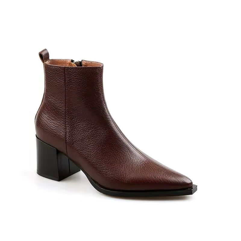Elizabeth Brown Side-Zip Chunky Ankle Boots
